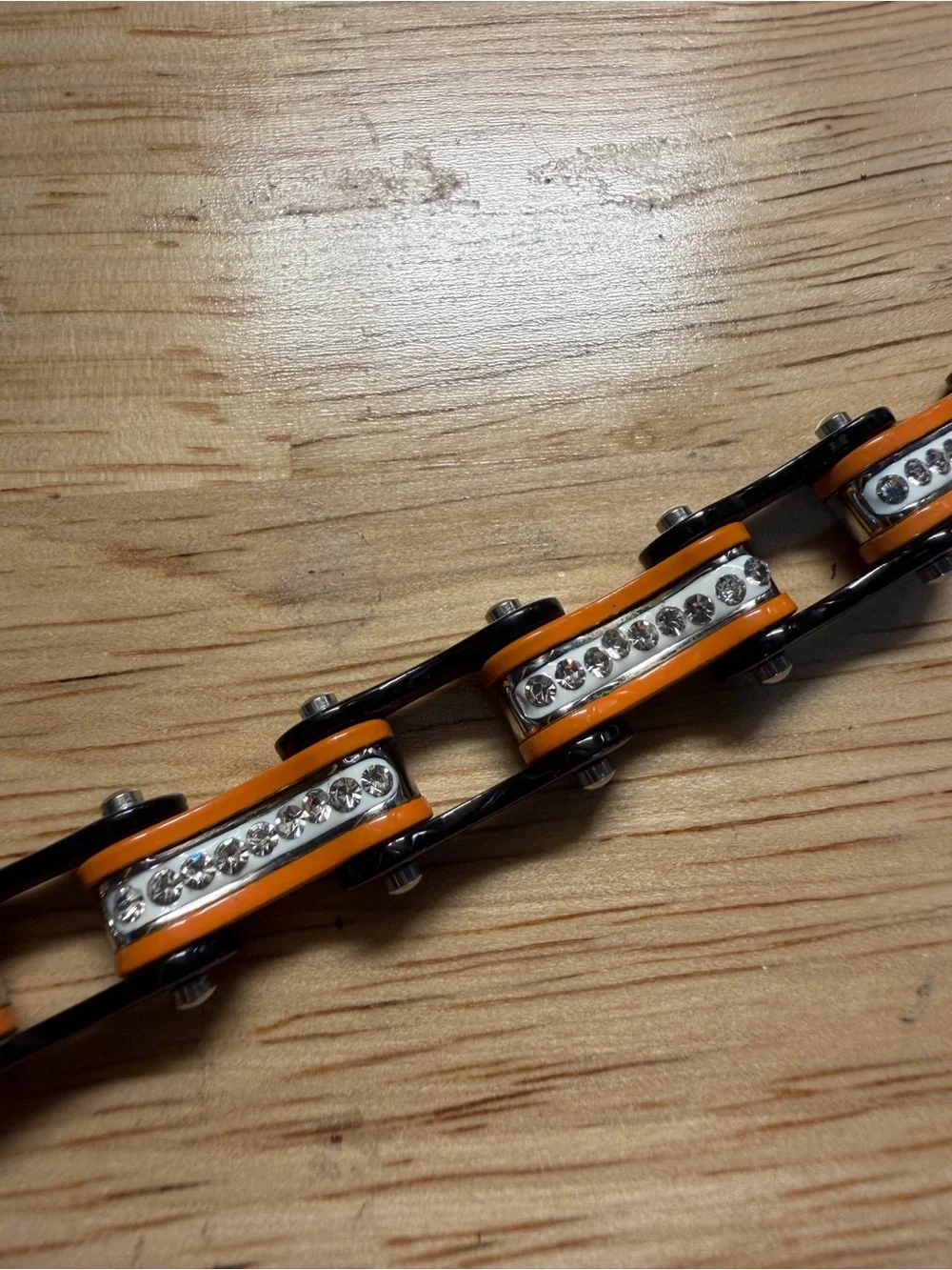 Orange and Black Rhinestone Link Bike Chain Bracelet